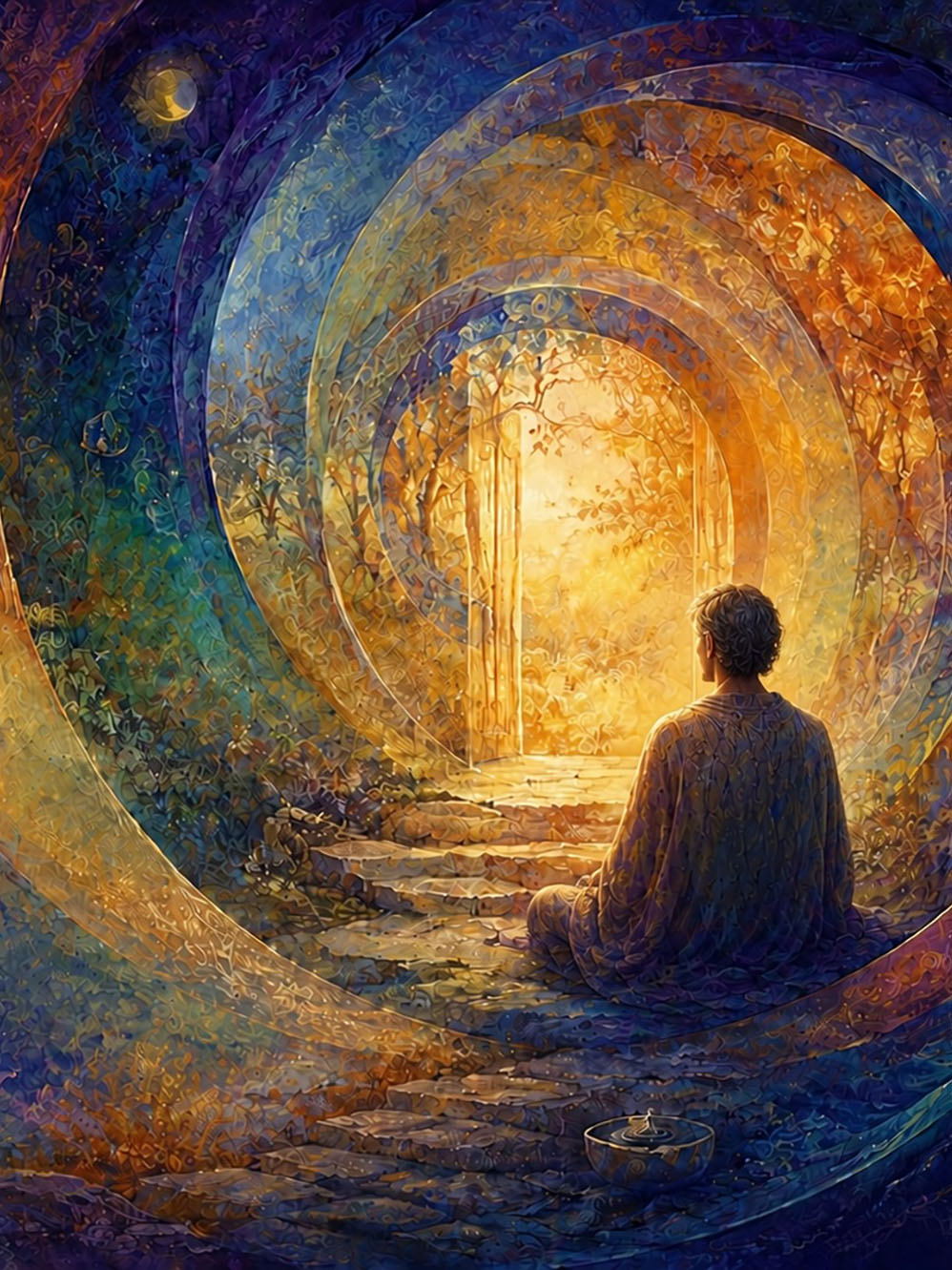 Person sitting at a lighted threshold
